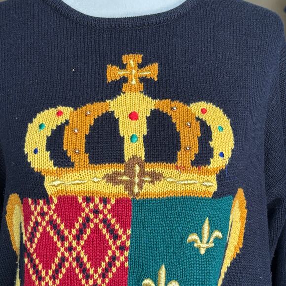 Vintage 90s Marisa Christina Black Knit Crewneck Crest Coat of Arms Sweater - Picture 8 of 13